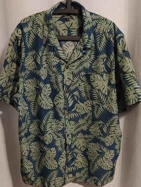 (4/$20)George Men's Green Blue Short-Sleeve Button-Down with Tropical Leaf Print